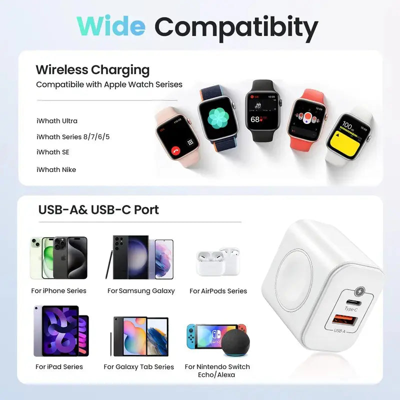 3-In-1Magnetic Wireless Cordless PD USB-C Wall Charger Block - 20W Fast Charging, Compatible with Iwatch Ultra/9/8/7/6, Iphone 17/17 Pro/16/16 Pro/15 Series, Electronic Cellphone, Apple Watch Seires
